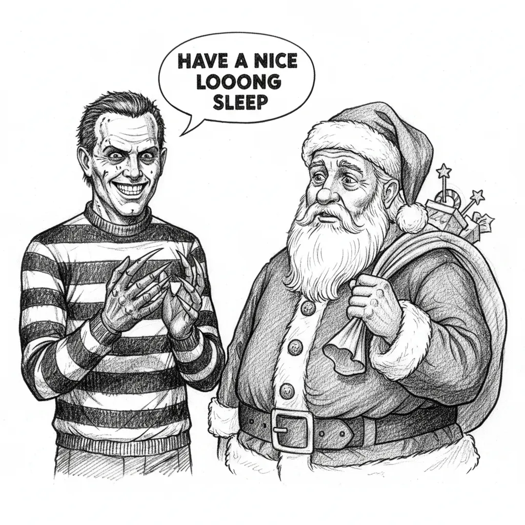Freddy Krueger talking to father christmas, " Have a nice loooonng sleep" Freddy Krueger is smiling and rubbing his gloved hands with a smile on his face.