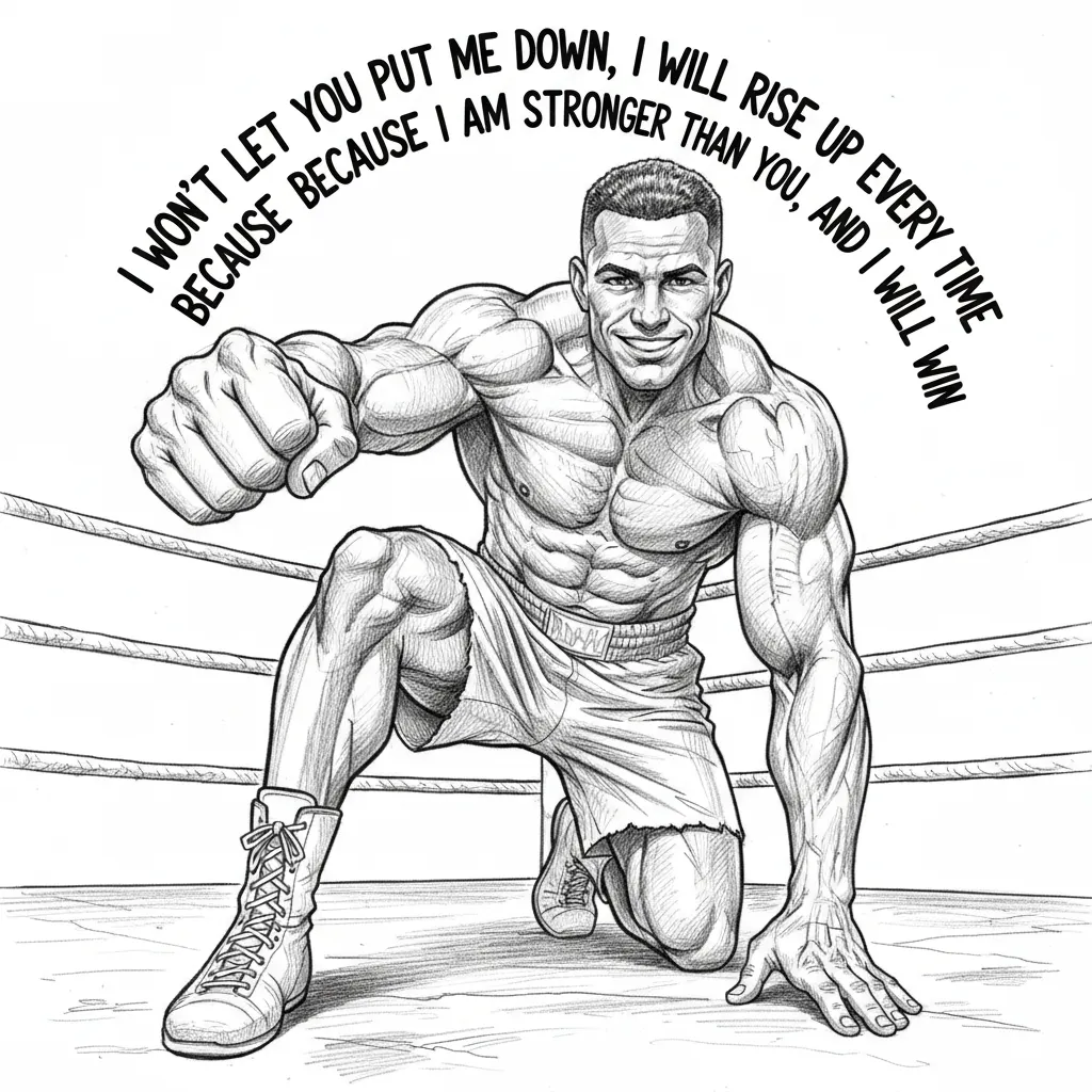 You have two options in Boxing, One is to stay on the canvas and accept defeat. The other is to get up and look at your opponent and say. " I won't let you put me down, i will rise up every time, because i am stronger than you, and i will win" A figure of a boxer smiling as he says these words.