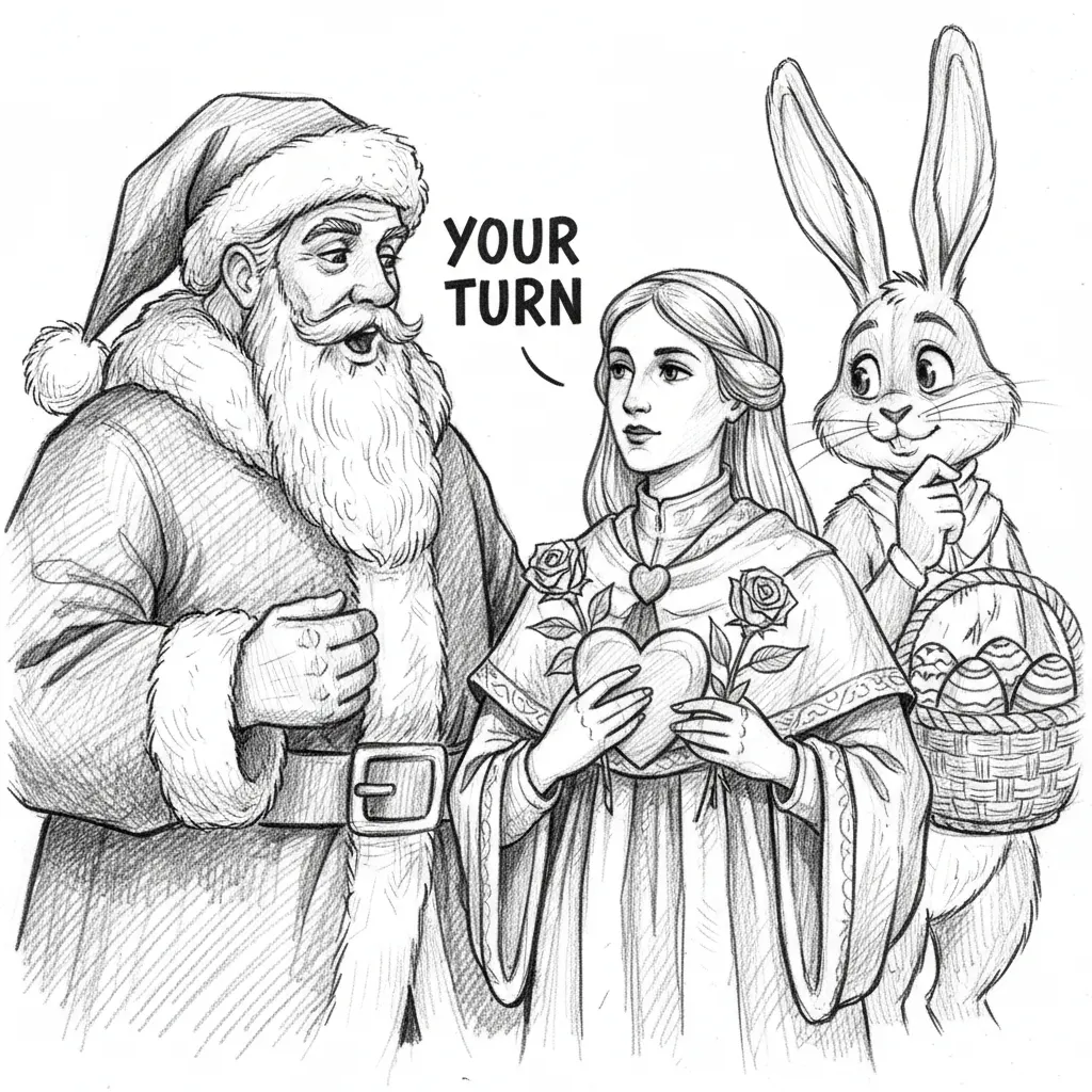 Father Christmas talking to saint valentine , " Your turn," Easter Bunny looking on