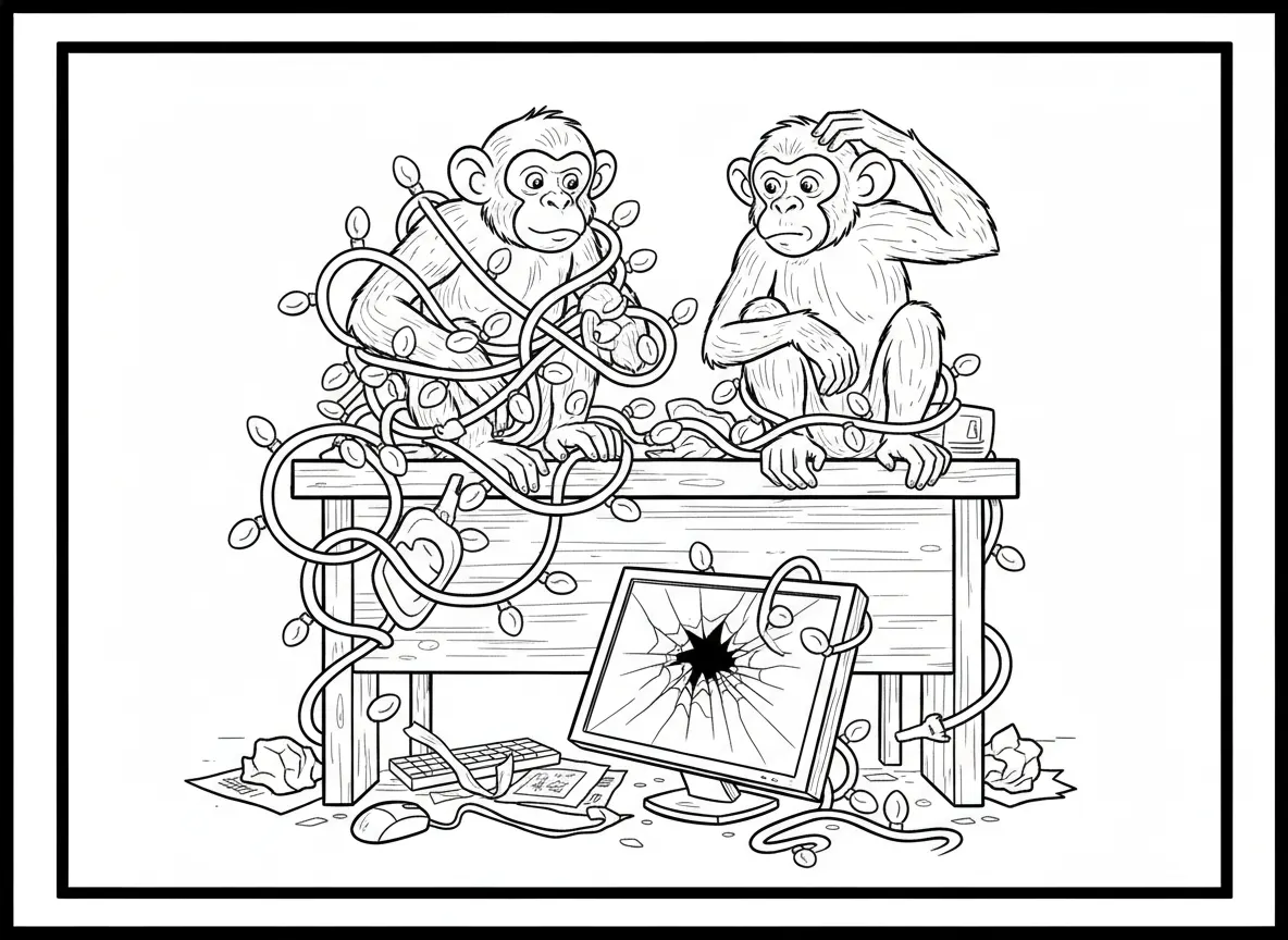 Maak een lijntekening van een aap die verstrikt zit in kerstlichtjes en een andere die er zit naar de kijken met een schuine kop en krapt aan zijn haar. Ze zitten van boven op een bureau naast een computer. De kerstlichtjes zijn ook rond het scherm gedraaid. Het scherm ligt kapot op de grond