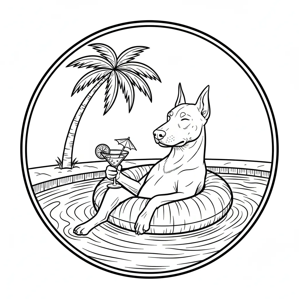 Maak een eenvoudige lijntekening om te graveren van: Een doberman die in een zwemband hangt en met ligt te dobberen in een zwembad. Hij heeft een cocktail in zijn poot. Naast het zwembad staat een palmboom.