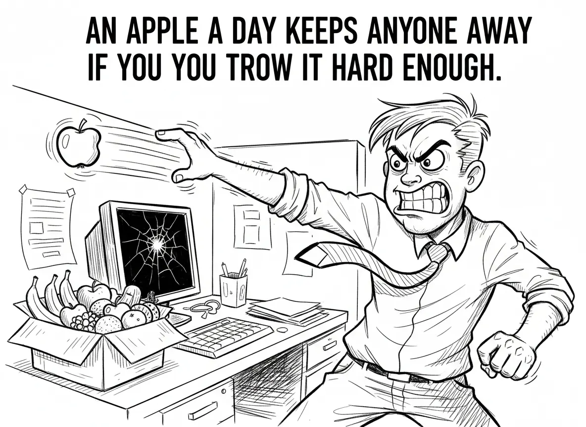 Maak een lijntekening van iemand die heel hard met een appel gooit en kwaad kijkt. De achtergrond is een kantoor en er staat een doos met fruit op de bureau. Voeg de tekst toe: An Apple a day keeps anyone away if you trow it hard enough.