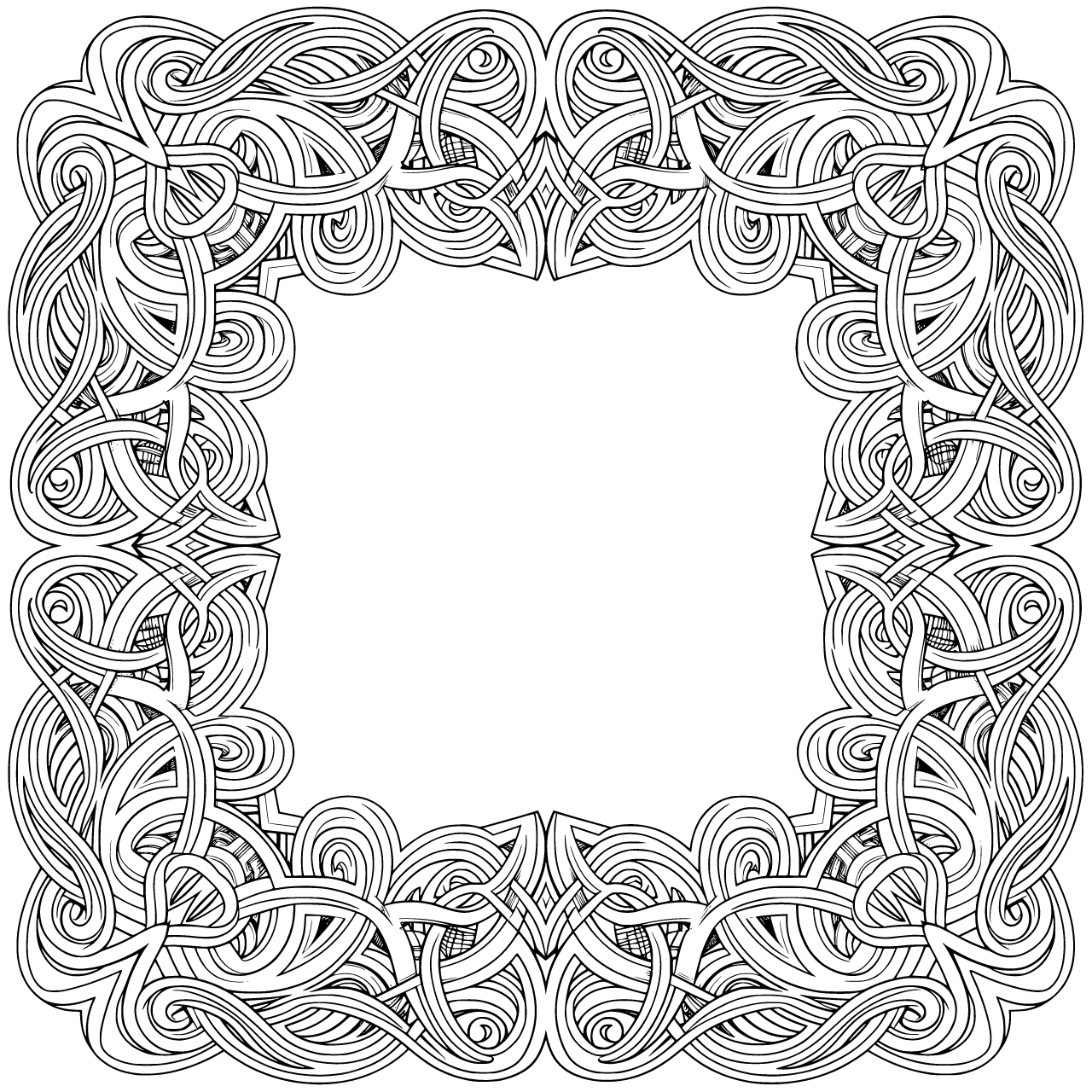 "Highly detailed vector line art scrollwork designed for laser engraving on knives and firearms, intricate Celtic knotwork seamlessly blended into flowing scrolls, endless interwoven knots, braids, and stylized leaves creating a continuous symmetrical band, dense and highly detailed pattern that wraps elegantly around cylindrical or flat surfaces, ultra-fine black linework only, crisp clean outlines with perfect knot intersections, no shading or color, transparent background, extreme precision for laser engraving, fully scalable SVG vector style, 8K resolution, masterpiece of Celtic ornamental engraving"