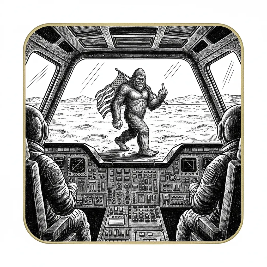 "Create a highly detailed grayscale laser engraving design for a brass military dog tag. The scene is viewed from inside a realistic NASA-style spaceship cockpit, looking out through the large front window with visible metal framing, rivets, control panels, and subtle reflections on the glass.
In the foreground, show partial silhouettes of astronauts inside the cockpit, seated at their stations. Through the window, the rocky lunar surface stretches into the distance with crater textures and fine dust details, but remains uncluttered.
On the moon surface, a large, shaggy Bigfoot is walking confidently toward the spaceship. Bigfoot carries a United States flag draped over one shoulder, while clearly giving the middle finger with his other hand toward the crew. Make Bigfoot highly expressive, with a humorous defiant stance, clear readable silhouette, detailed fur texture, and strong contrast suitable for engraving.
Use dramatic perspective that draws the eye from the detailed cockpit interior outward to Bigfoot on the lunar landscape. Composition must be perfectly balanced and centered for an oval dog tag shape. Ultra-fine engraving details, high contrast black and white only (true grayscale), sharp edges, no text, no borders, no logos, no color, no modern elements."