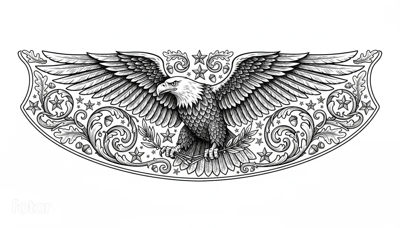 Create a highly detailed black-and-white vector-style line art composition designed specifically for laser engraving on knives and firearms. Feature a majestic American bald eagle with outstretched wings as the central focal point, integrated seamlessly into flowing ornamental scrollwork. Include detailed feathers, sharp talons clutching arrows or an olive branch, layered vines, oak leaves, and stars arranged in a bold symmetrical repeating pattern. The design should feel patriotic, elegant, and premium, suitable for custom gun frames, knife blades, or metal inlays. Use ultra-sharp outlines, clean separations, strong contrast, and engraving-friendly line weights. No shading, no gradients, no color, no blur, no background clutter. Transparent background. Prioritize crisp readability, balanced symmetry, and maximum laser engraving contrast. Make it look like a professional handcrafted vector masterpiece, ready for scalable production. To fit on the image i provided