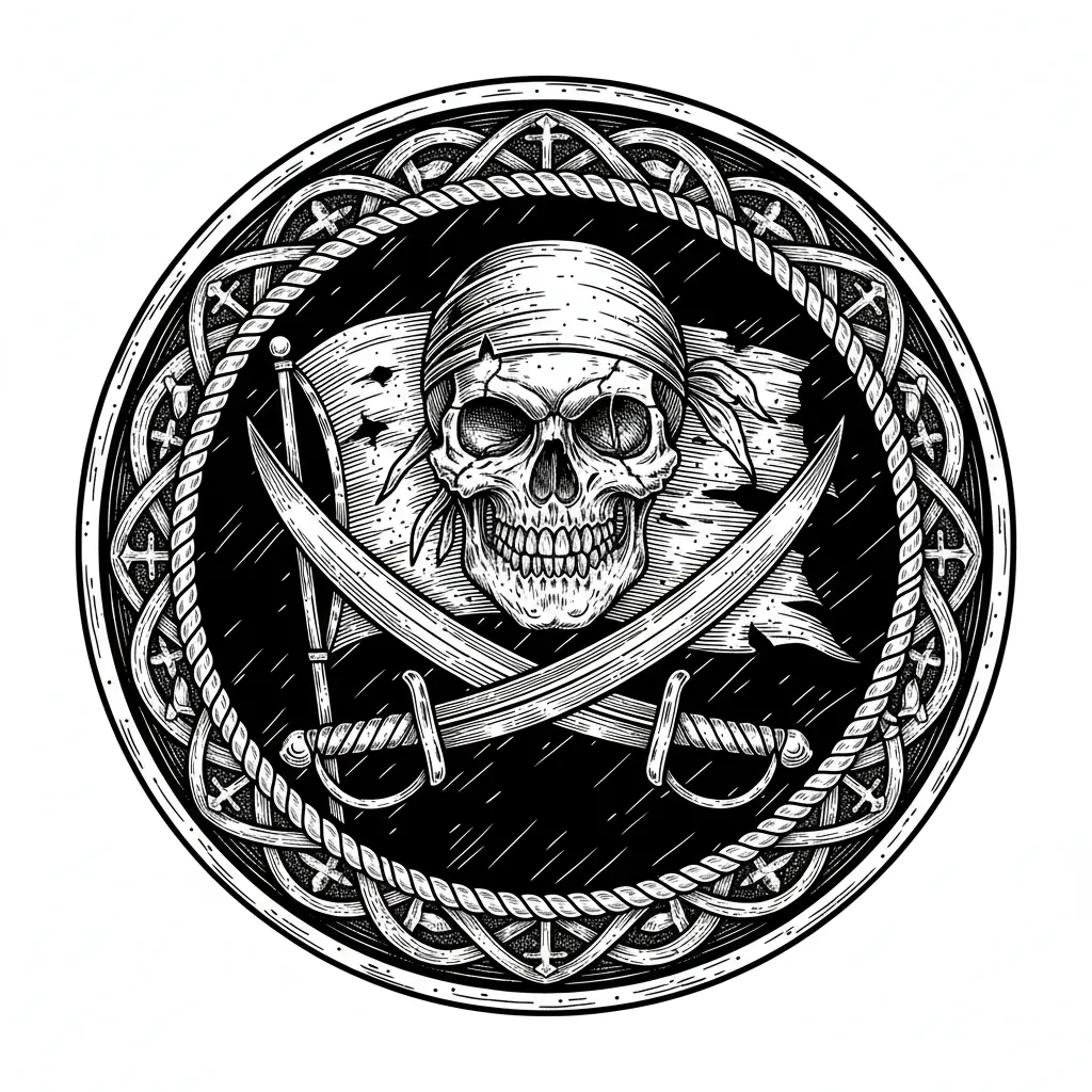 "Highly detailed 40mm pirate challenge coin design, antique brass style with deep relief engraving, obverse side features a fierce skull and crossed bones Jolly Roger emblem, traditional pirate flag style, ornate border with rope and anchor motifs, weathered metallic texture, high contrast for laser engraving, circular medallion composition, black background --ar 1:1 --stylize 250 --v 6" in a round image