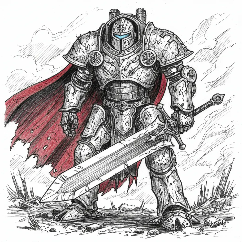 A towering mech-armored knight standing on a battlefield, its armor forged in medieval gothic style with intricate engravings and steel plating, glowing blue visor behind a cross-shaped helm, large pauldrons and reinforced gauntlets, holding a colossal energy greatsword shaped like a claymore, worn red cape flapping in the wind, battle-worn surface with scratches and scorches, cinematic lighting, overcast sky, dramatic atmosphere.mc_01x


Sampler
DPM++ 2M SGM Uniform

Steps
20