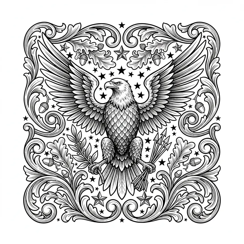 Create a premium black-and-white vector-style line art eagle design for laser engraving on knives and firearms, with a bald eagle centered in flowing scrollwork, symmetrical oak leaves, vines, stars, arrows, and elegant patriotic ornamentation. Use crisp black outlines only, bold contrast, clean engraving-friendly line weights, and highly readable shapes. No shading, no gradients, no color, no blur, no clutter, transparent background, professional ornamental firearm engraving style.