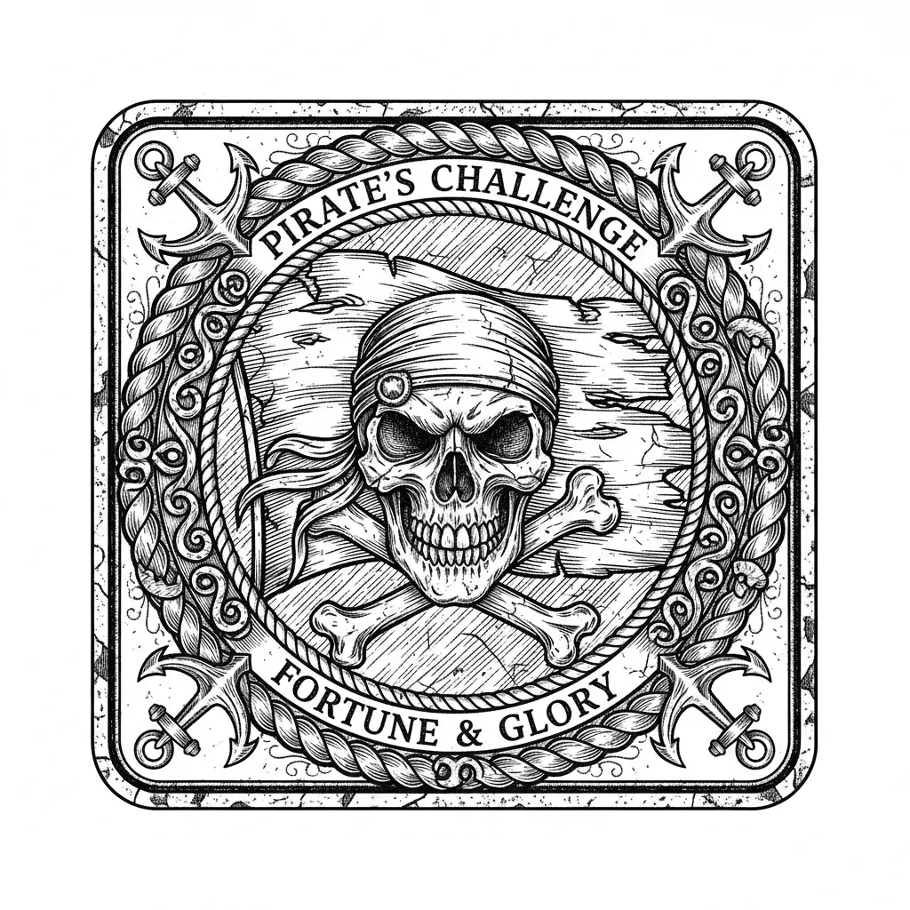 "Highly detailed 40mm pirate challenge coin design, antique brass style with deep relief engraving, obverse side features a fierce skull and crossed bones Jolly Roger emblem, traditional pirate flag style, ornate border with rope and anchor motifs, weathered metallic texture, high contrast for laser engraving, circular medallion composition, black background --ar 1:1 --stylize 250 --v 6"