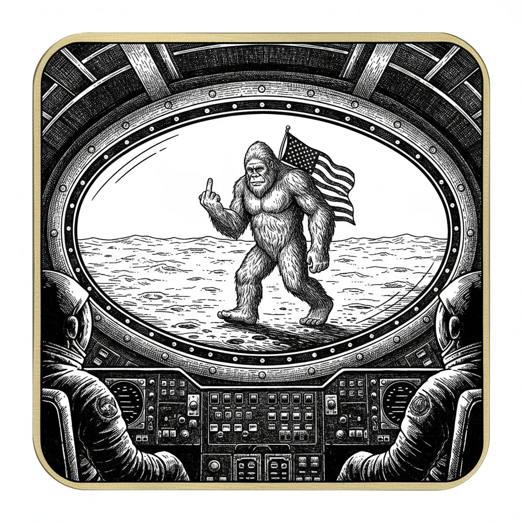 "Create a highly detailed grayscale laser engraving design for a brass military dog tag. The scene is viewed from inside a realistic NASA-style spaceship cockpit, looking out through the large front window with visible metal framing, rivets, control panels, and subtle reflections on the glass.
In the foreground, show partial silhouettes of astronauts inside the cockpit, seated at their stations. Through the window, the rocky lunar surface stretches into the distance with crater textures and fine dust details, but remains uncluttered.
On the moon surface, a large, shaggy Bigfoot is walking confidently toward the spaceship. Bigfoot carries a United States flag draped over one shoulder, while clearly giving the middle finger with his other hand toward the crew. Make Bigfoot highly expressive, with a humorous defiant stance, clear readable silhouette, detailed fur texture, and strong contrast suitable for engraving.
Use dramatic perspective that draws the eye from the detailed cockpit interior outward to Bigfoot on the lunar landscape. Composition must be perfectly balanced and centered for an oval dog tag shape. Ultra-fine engraving details, high contrast black and white only (true grayscale), sharp edges, no text, no borders, no logos, no color, no modern elements." I need in the shape of a milatery dog tag.  For laser engraving on brass