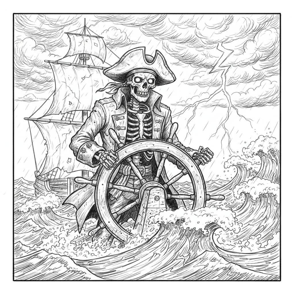 A skeleton pirate captain at the ships helm wheel in high seas. With ...