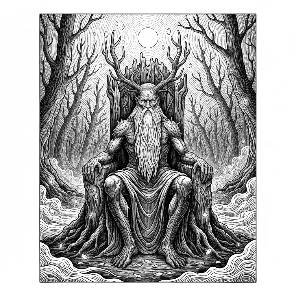 "Epic fantasy scene of an ancient 'Old Father Time' forest entity with deep wrinkled bark skin, flowing white beard interwoven with vines, and magnificent antlers sprouting faint glowing buds, seated upon a grand weathered throne carved from ancient petrified wood in the middle of a vast dying forest. Only illumination comes from a luminous full moon high above, bathing the scene in cool ethereal moonlight while faint magical fireflies and glowing runes provide subtle accents. Twisted dead trees, thick mist, and fallen glowing petals cover the ground, majestic yet somber atmosphere, intricate details, masterpiece fantasy illustration, cinematic, moody lighting --ar 3:4 --stylize 800"
