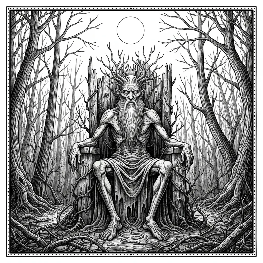 "Ancient withered forest guardian, an elderly emaciated being with greenish-gray bark-like skin, long silver beard tangled with dead leaves, and crown of bare twisted branches, sitting regally on a crumbling weathered wooden throne overgrown with thorns in the center of a dying dark forest. Leafless skeletal trees surround him under a bright full moon that provides the sole illumination, casting stark silvery light and deep shadows. Subtle magical glows emanate from his eyes and the throne, haunting and melancholic fantasy style, ultra-detailed, atmospheric, cinematic lighting, moody fantasy art, dramatic composition --ar 3:4 --stylize 650" grayscale and round image for a clock face lines and dots around the outside edge ,no numbers