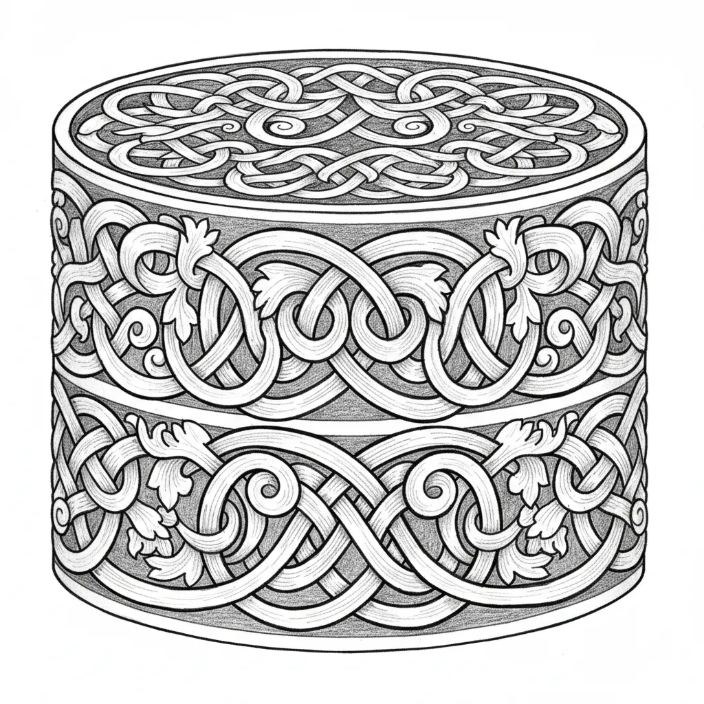"Highly detailed vector line art scrollwork designed for laser engraving on knives and firearms, intricate Celtic knotwork seamlessly blended into flowing scrolls, endless interwoven knots, braids, and stylized leaves creating a continuous symmetrical band, dense and highly detailed pattern that wraps elegantly around cylindrical or flat surfaces, ultra-fine black linework only, crisp clean outlines with perfect knot intersections, no shading or color, transparent background, extreme precision for laser engraving, fully scalable SVG vector style, 8K resolution, masterpiece of Celtic ornamental engraving"