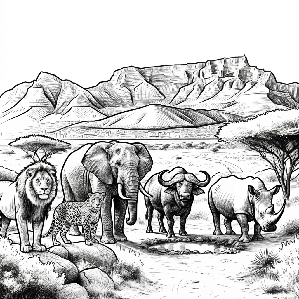 crisp black line art on a pure white background, optimized for high‑contrast depth and clean edge definition. The hatching and shading are balanced so each of the Big Five stands out clearly against Table Mountain, ensuring smooth engraving with no burn overlap or loss of detail.
