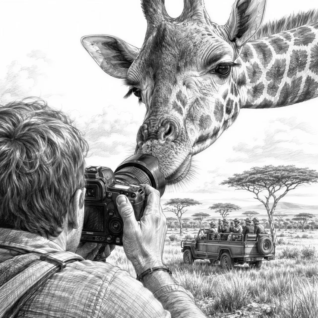 A highly detailed black and white pen and ink drawing, featuring a curious giraffe's head close-up, sniffing the lens of a DSLR camera held by a photographer seen from behind. In the background, an expansive African savanna with acacia trees and a safari jeep carrying tourists. Intricate cross-hatching, low-angle shot, natural light, capturing an intimate and adventurous moment.