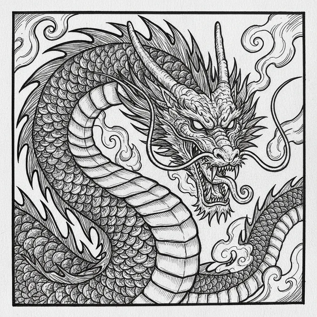 Laser engraving style, dragon illustration, detailed scales, fierce expression, suitable for wood or metal.