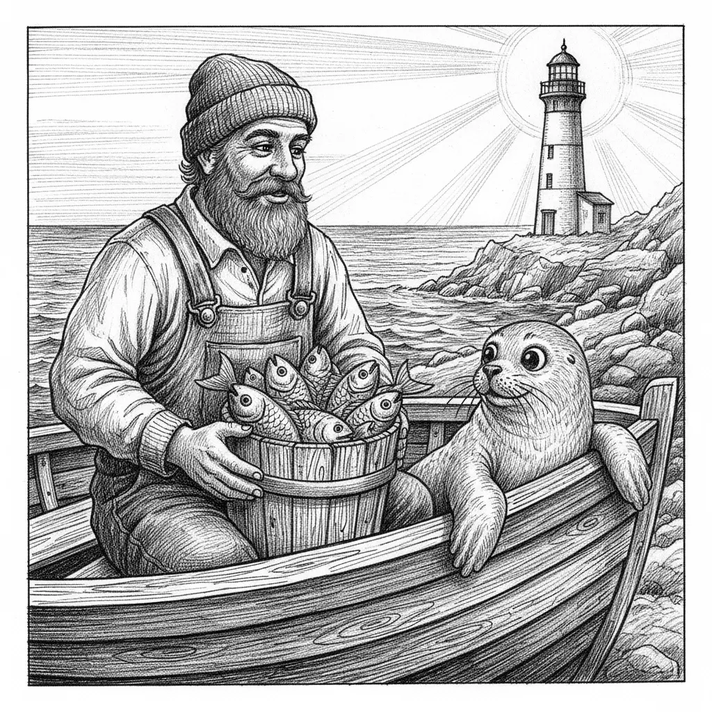 A detailed black and white engraving depicts a bearded fisherman in a beanie and overalls, sitting in a wooden boat, holding a bucket full of fish. He looks towards a curious seal peering over the boat's edge, its flippers resting on the gunwale. In the background, a lighthouse stands on a rocky coastline with the ocean stretching under a bright sky. The intricate cross-hatching style captures this whimsical interaction with natural light, from a medium, eye-level perspective.