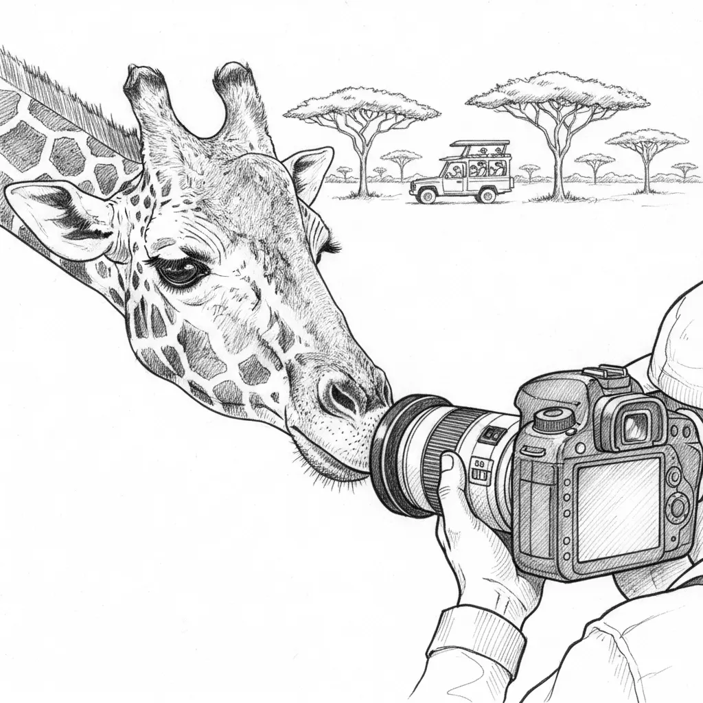 A highly detailed black and white pen and ink drawing, featuring a curious giraffe's head close-up, sniffing the lens of a DSLR camera held by a photographer seen from behind. In the background, an expansive African savanna with acacia trees and a safari jeep carrying tourists. Intricate cross-hatching, low-angle shot, natural light, capturing an intimate and adventurous moment.