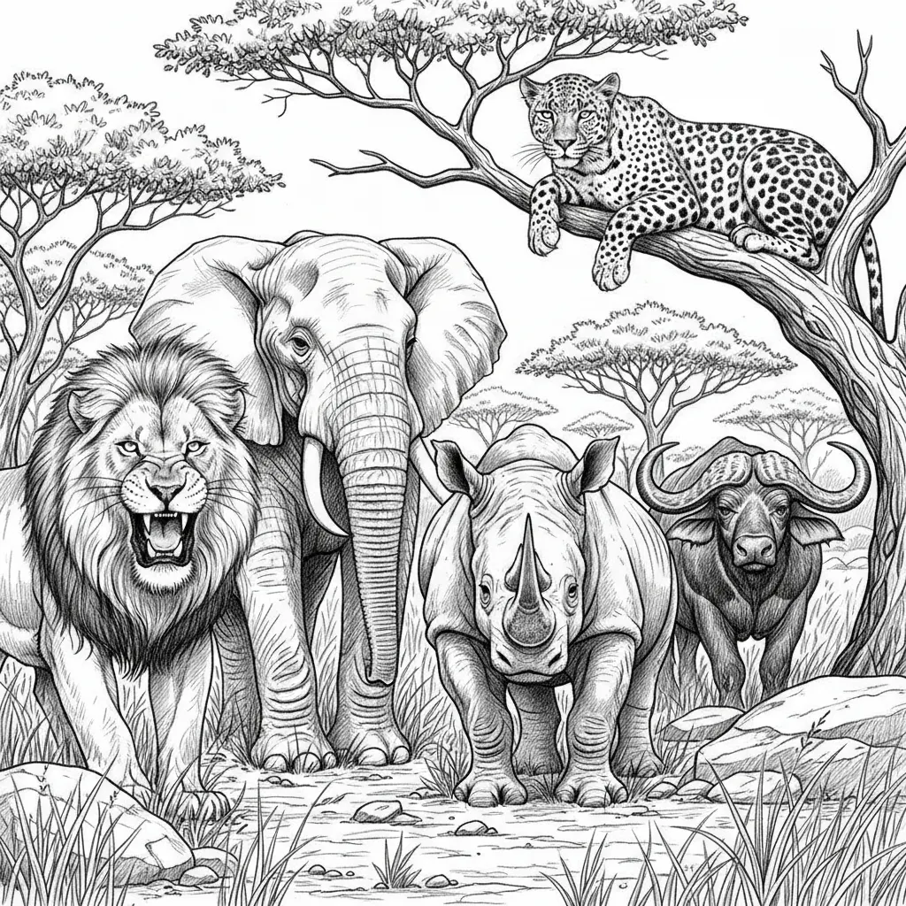 please create the big five in nature atmosphere make it realistic