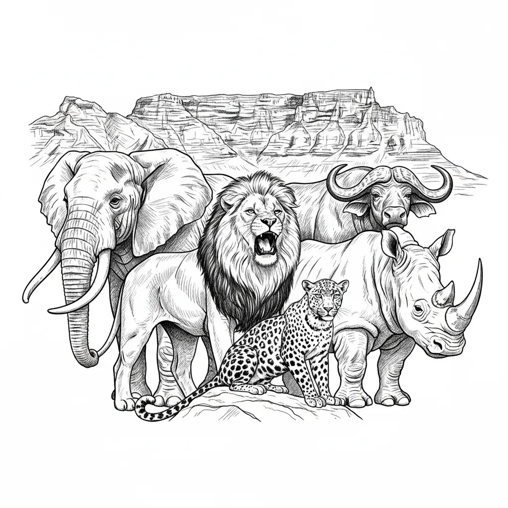 The big five animals with table mountain as background make it realistic crisp black line art on a pure white background, optimized for high‑contrast depth and clean edge definition. The hatching and shading are balanced so each of the Big Five stands out clearly against Table Mountain, ensuring smooth engraving with no burn overlap or loss of detail.