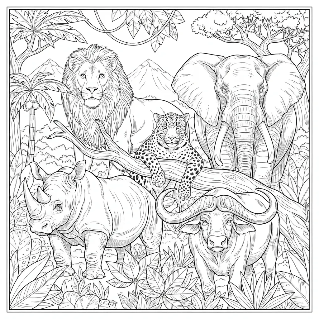 please create the big five in nature atmosphere for coloring page