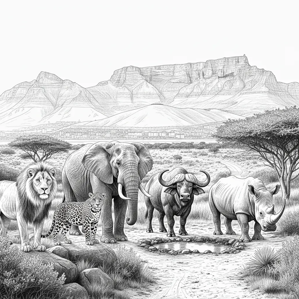 crisp black line art on a pure white background, optimized for high‑contrast depth and clean edge definition. The hatching and shading are balanced so each of the Big Five stands out clearly against Table Mountain, ensuring smooth engraving with no burn overlap or loss of detail.