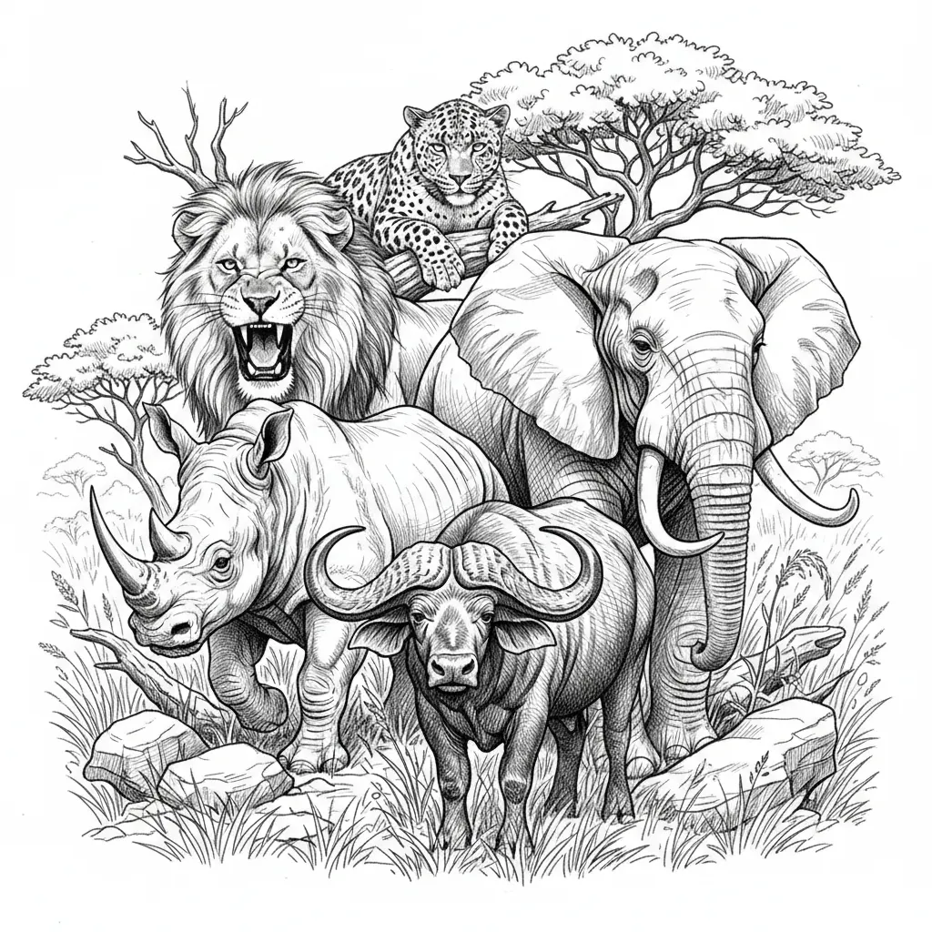 please create the big five in nature atmosphere