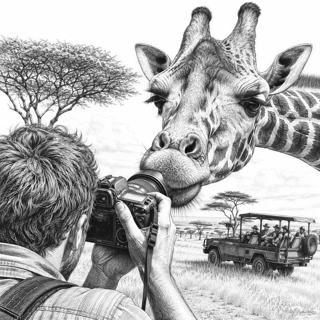 A highly detailed black and white pen and ink drawing, featuring a curious giraffe's head close-up, sniffing the lens of a DSLR camera held by a photographer seen from behind. In the background, an expansive African savanna with acacia trees and a safari jeep carrying tourists. Intricate cross-hatching, low-angle shot, natural light, capturing an intimate and adventurous moment.