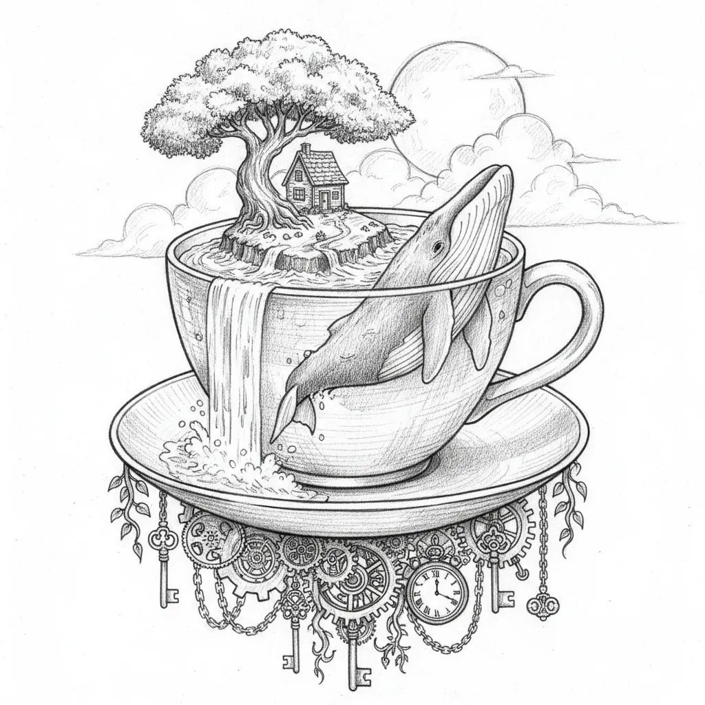 Intricate black and white line art drawing of a surreal scene: a giant teacup and saucer, overflowing with water. Inside the cup, a small island with a cozy cottage under a grand tree, and a whale breaching the water. A waterfall cascades from the island. Below the saucer, ornate gears, clocks, keys, chains, and botanical elements dangle. A full moon and clouds are in the background, all rendered in a detailed engraving style.