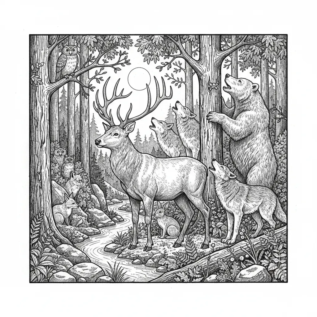 Laser engraving style, wildlife scene, forest animals, detailed background, suitable for wood.