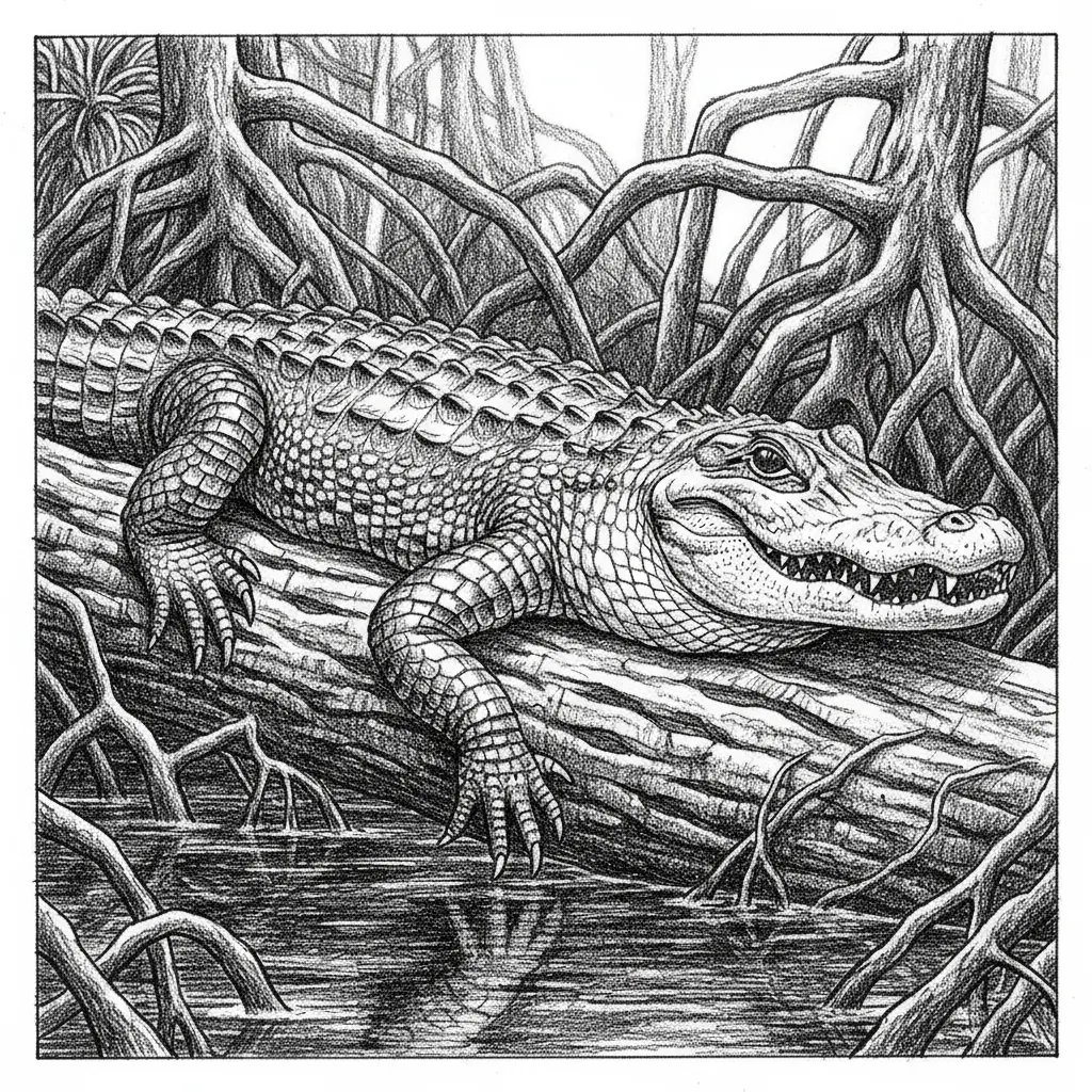 large alligator lying on log in the middle of the swap detailed