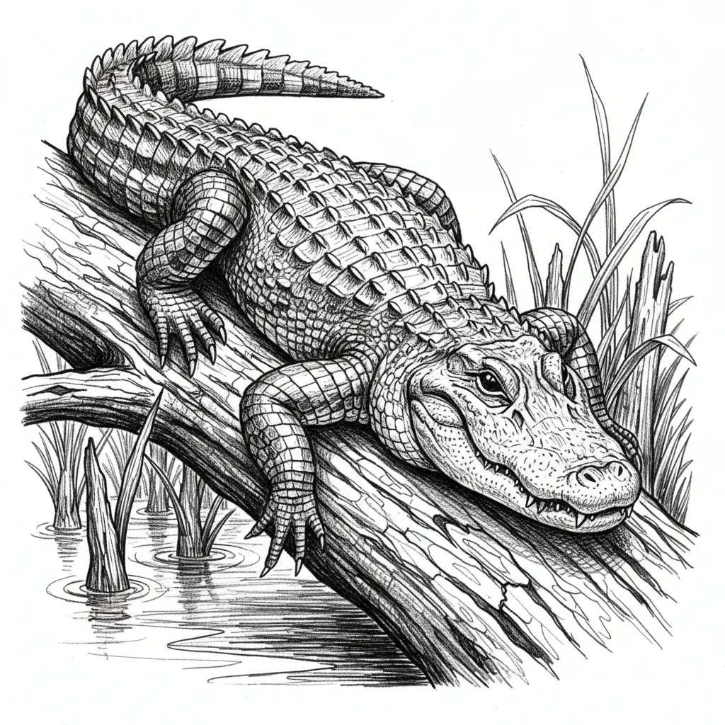 alligator lying on log in the swamp