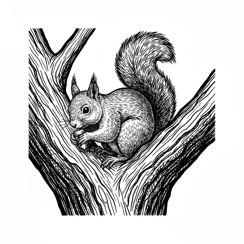 make a drawing of a squirrel sitting in a fork af a tree
