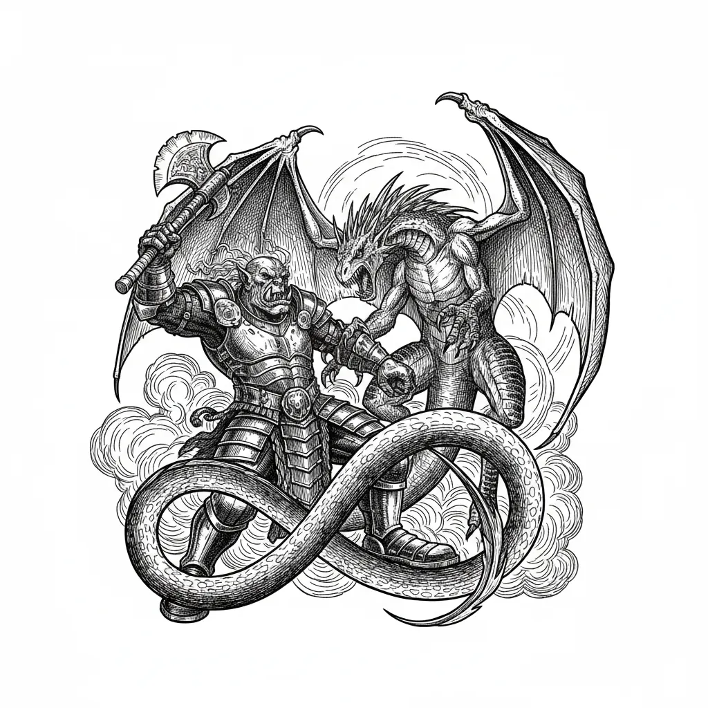 Orc worrier holding a battle axe fighting a winged drar