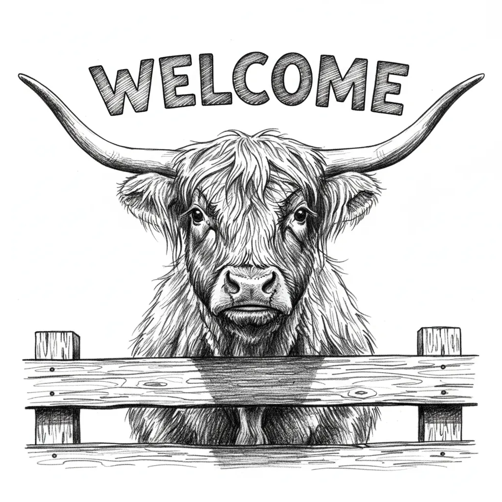 Make a welcome sign with an image of a highland cow looking over a fence