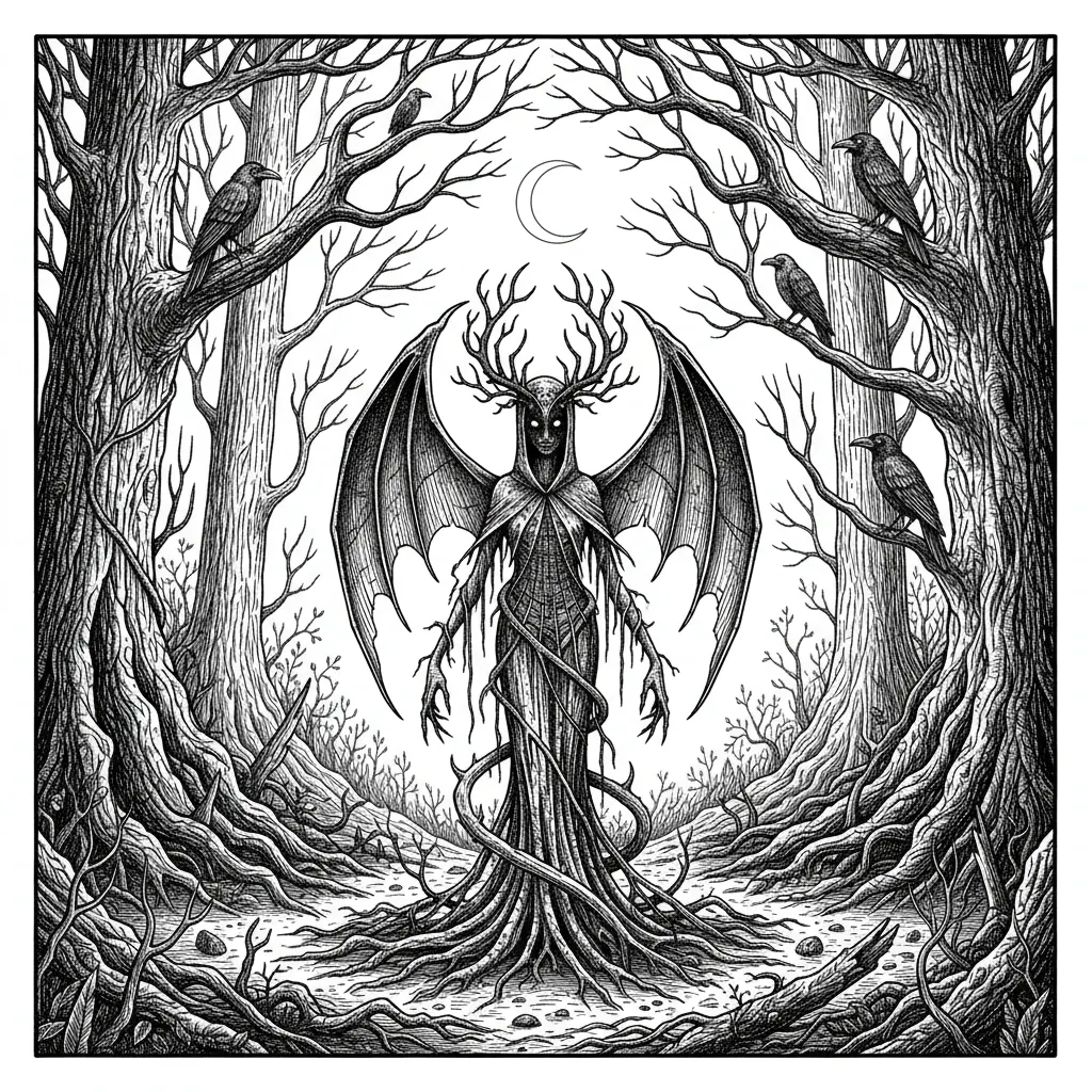 Draw a gothic woodland sprite
