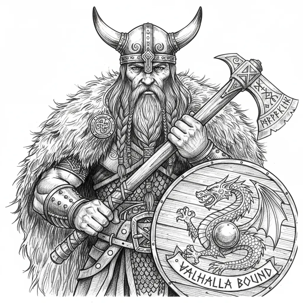 Viking warrior with braided beard, horned helmet, battle axe. Norse runes, fur cloak, shield with dragon emblem. "Valhalla Bound" in runic style.