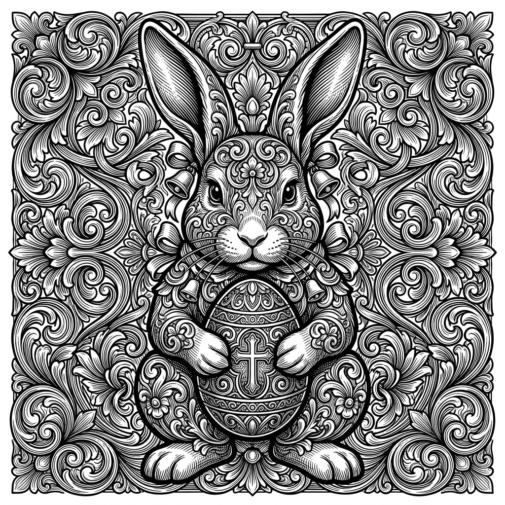 highly ornate easter rabbit holding a decorated egg, baroque ornamental ...