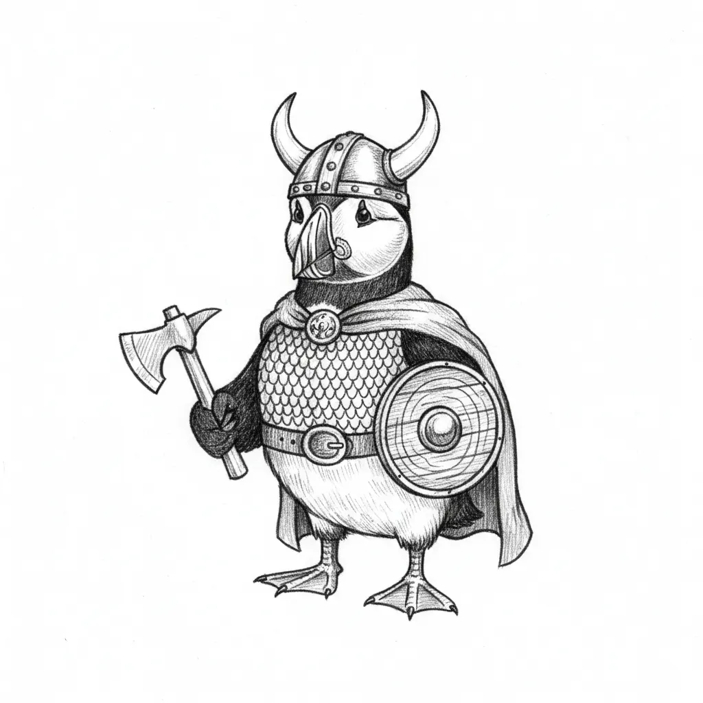 Puffin wearing a viking outfit