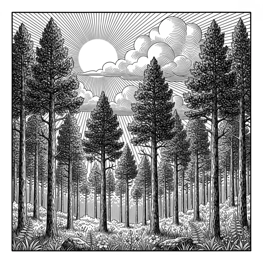 make me a pine tree scene in the spring time during the day, with the sun shining and clouds in the sky. make clear, crisp, dark, detailed lines for laser engraving