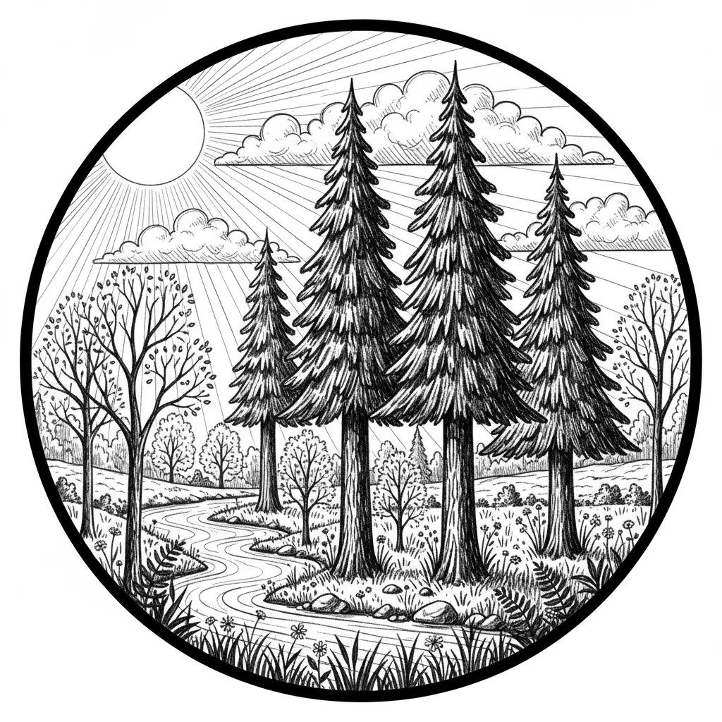 make me a very realistic pine tree scene in the spring time during the day, with the sun shining and clouds in the sky. make clear, crisp, dark, detailed lines for laser engraving. make the design in a perfect circular shape