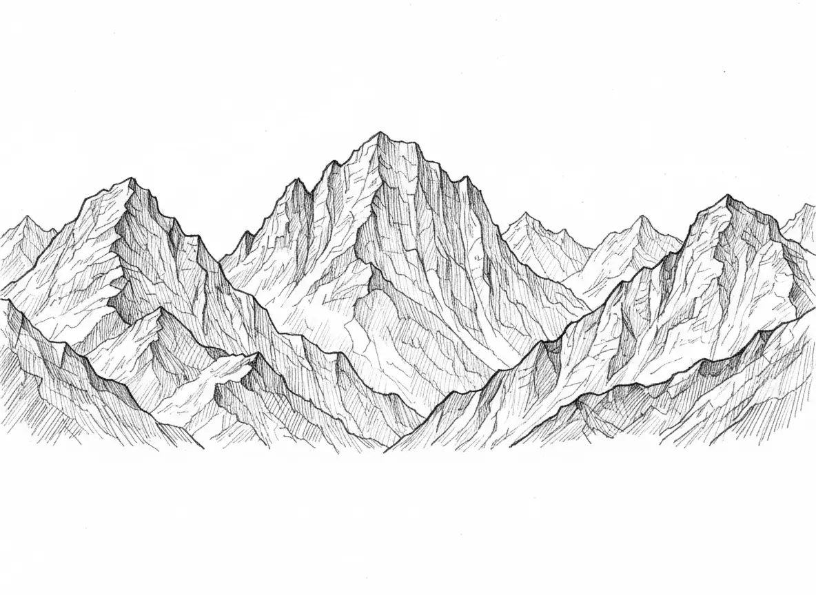 create me a detailed and realistic image of mountains with no background. make clear, crisp, dark, detailed lines for laser engraving