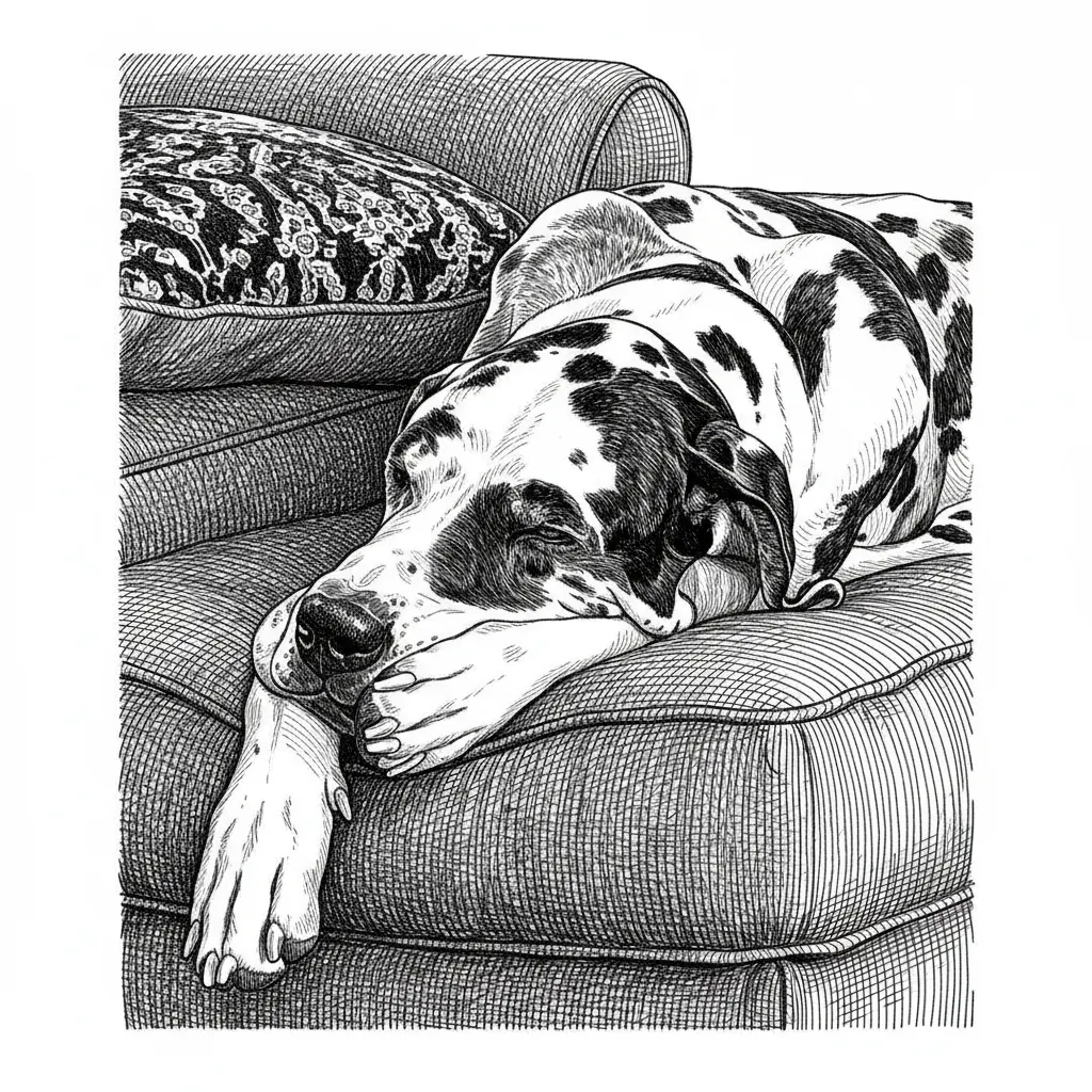 remove background, enhance photo with crisp detailed lines for engraving, only keep dog and couch in photo, make detailed lines on couch