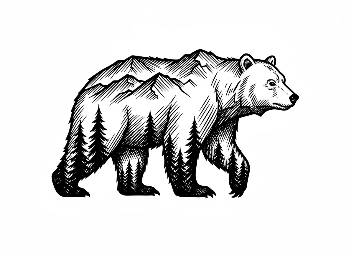 make a me a detailed design or a silhouette of a bear with mountains and pine trees built into the bear. make clear crisp, dark, detailed lines for laser engraving
