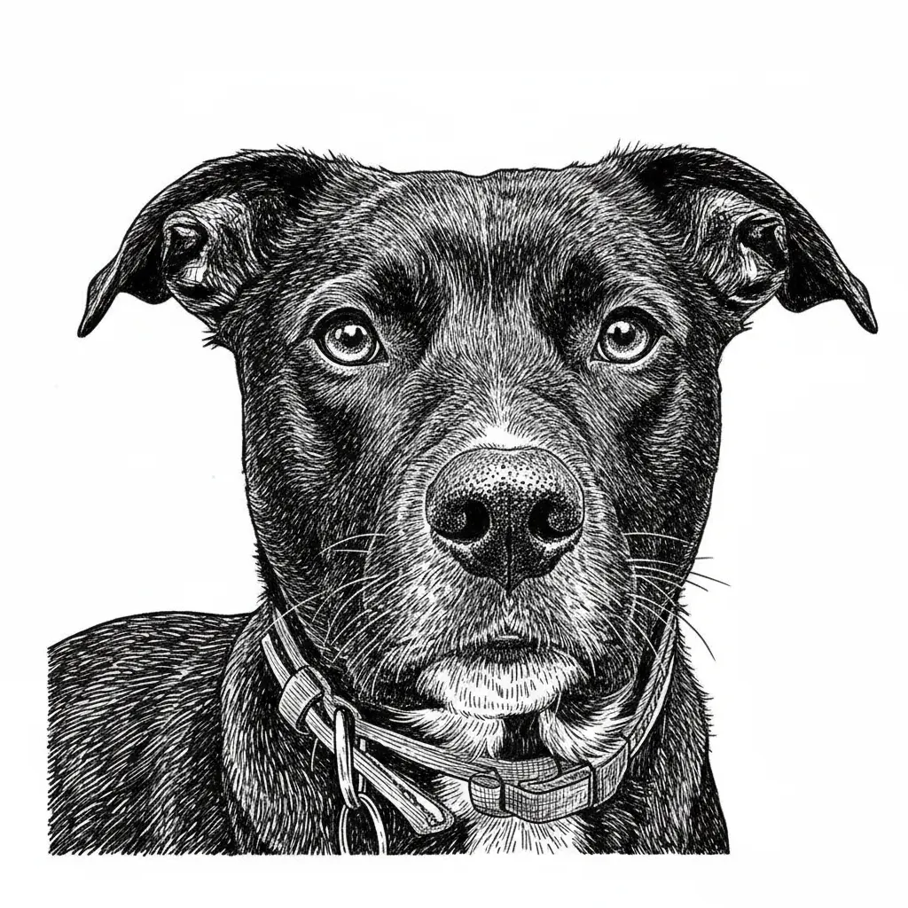 enhance photo, remove background and only keep dogs face, remove stuff animal around dogs neck, make clear crisp detailed dark lines for laser engraving
