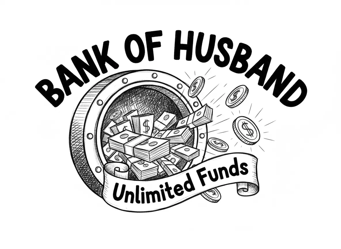 A playful black and white line-art illustration for a bank card engraving. The bold text 'BANK OF HUSBAND' is arched across the top in a fun, thick font. Below it, an illustration of an open bank vault door with literal stacks of cash notes, flying coins, and a cheeky 'Unlimited Funds' banner. Clean, thick outlines, high contrast, comic book vector style, no grayscale or shading."
