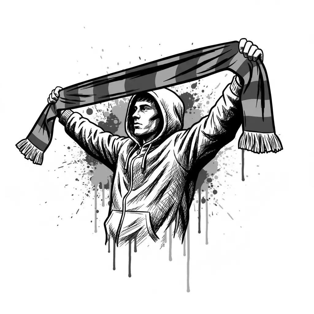 A vector stencil art illustration of a fan holding up a claret and blue scarf, street art style. High contrast black and white with vibrant claret and sky blue paint splatters and dripping effects. Urban, edgy, flat vector shapes, no gradients, canvas art style,