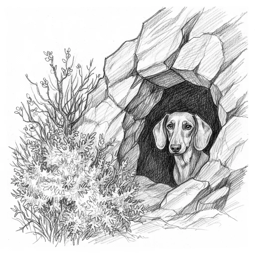Mach mir ein Bild Mit Einem Felsen mit Höhle rechts und Links Sträucher aus der Höhle schaut ein Dackel !