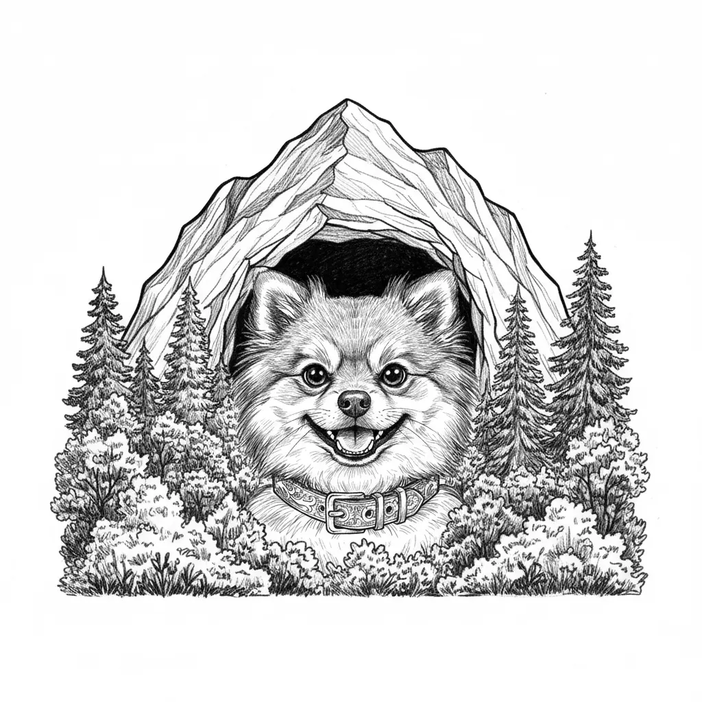Nimm mein Bild ! umrande es mit einem Berg mit Höhle  Rechts und Links Sträucher und Bäume